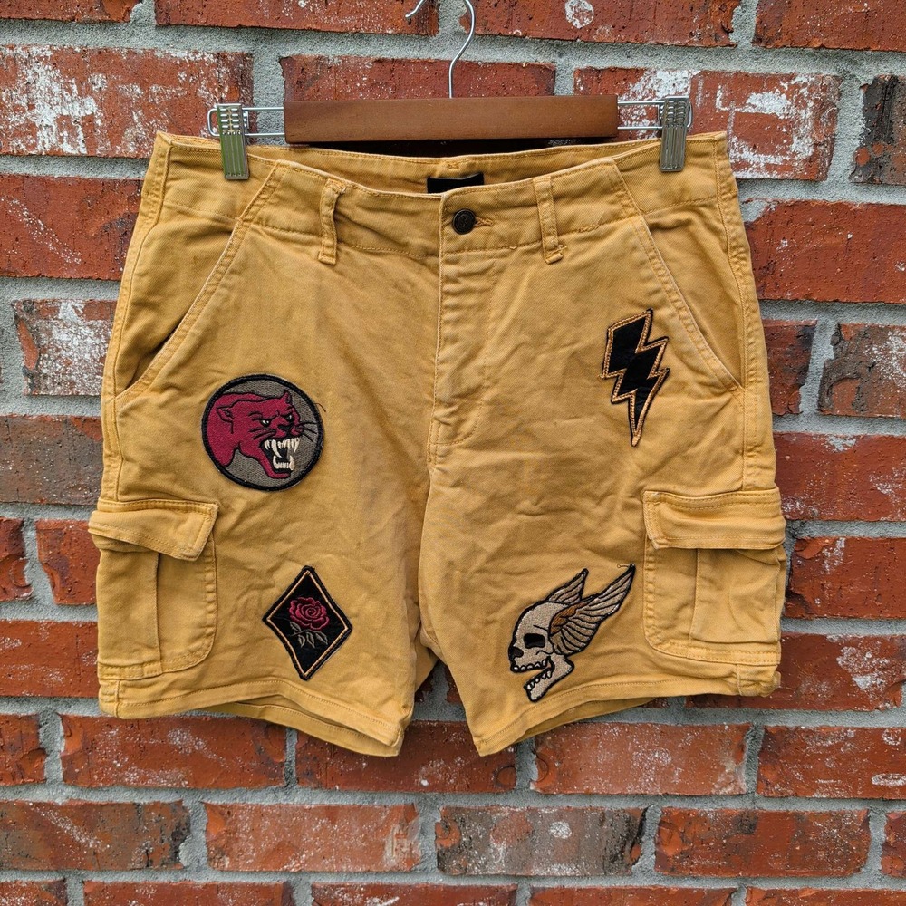 Reason Cargo Shorts Mens 30 Yellow Patchwork Streetwear Straight Fit
